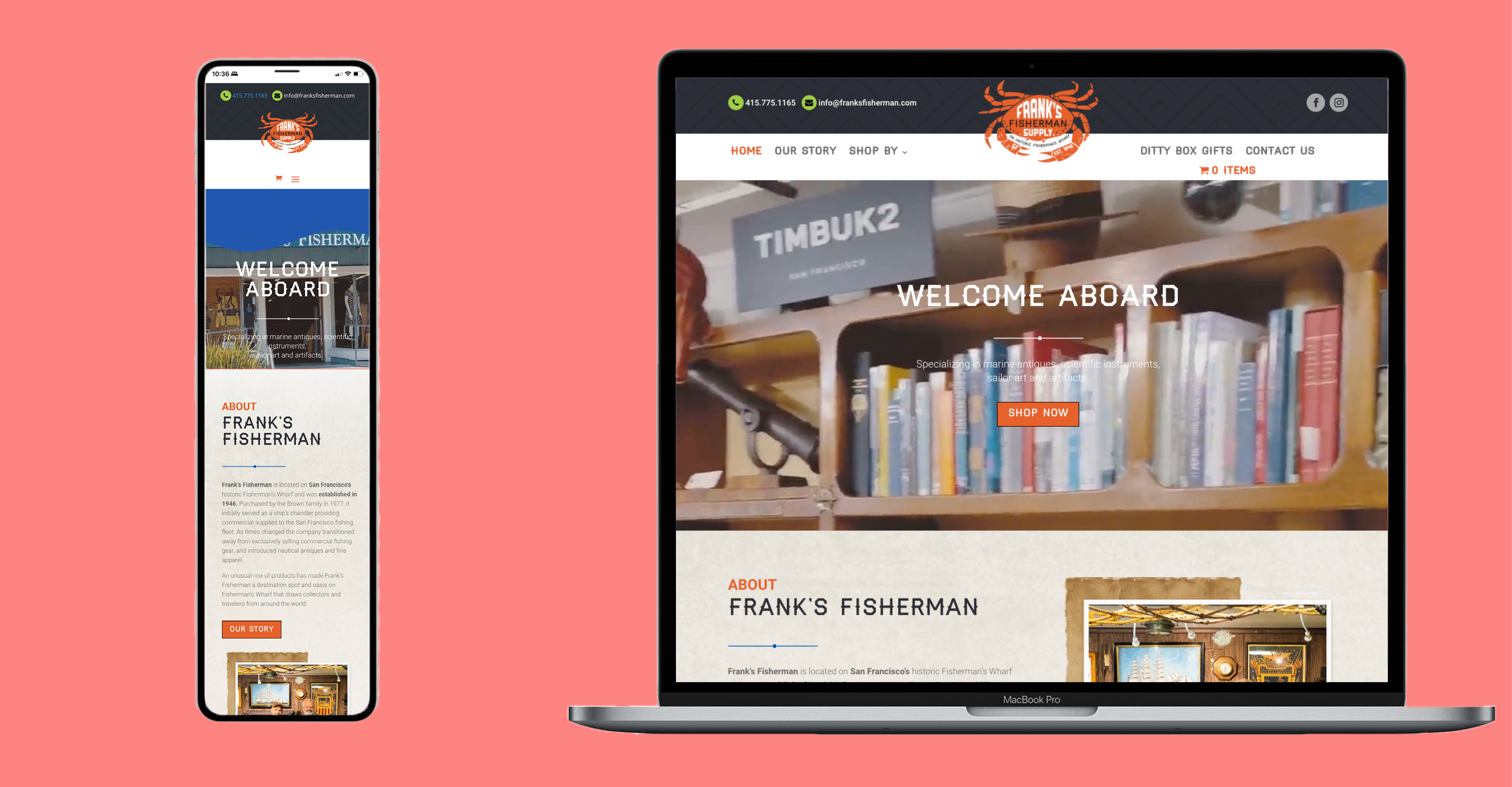 A laptop and a smart phone with screenshots of the Frank's Fisherman website