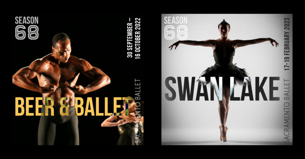 two images with the left showing an extremely muscular dancer standing with arms out tot he sides and text Beer & Ballet and the other showing a ballerina standing on pointe with the words Swan Lake