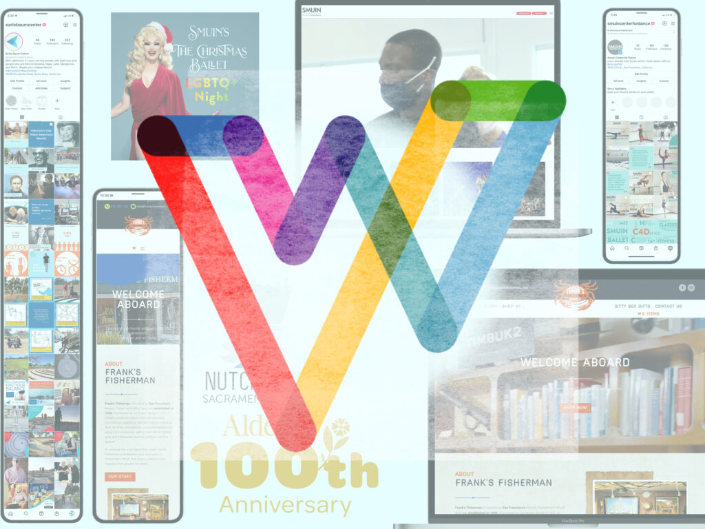 A large, colorful "W" logo is centered on a collage of overlapping website and phone screen images containing various content like photos, text, and designs. The logo partially obscures the screens. The bottom text says "100th Anniversary.