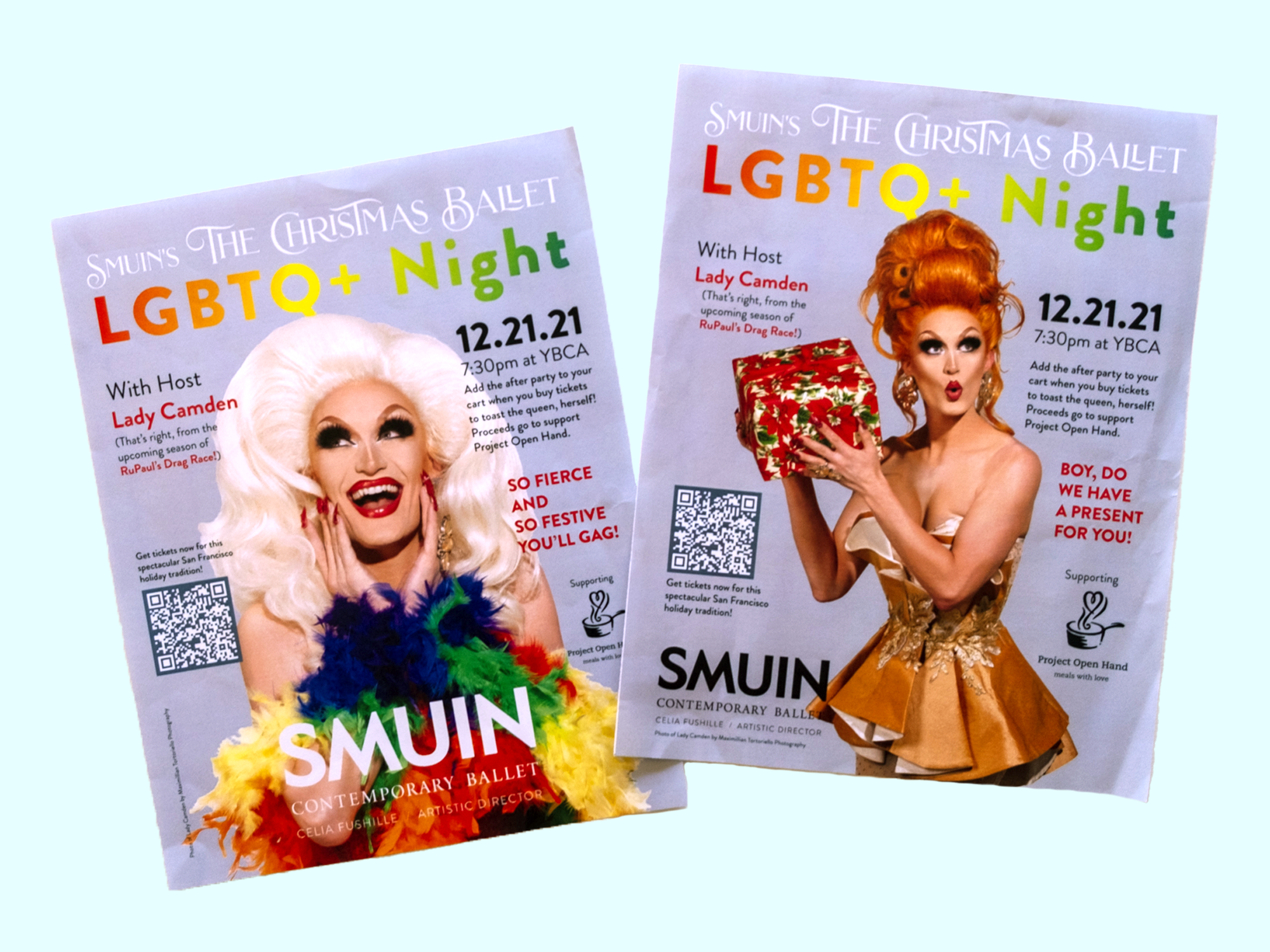 Two print flyers with rainbow test that says LGBTQ+ Night and pictures of Lady Camden in different outfits