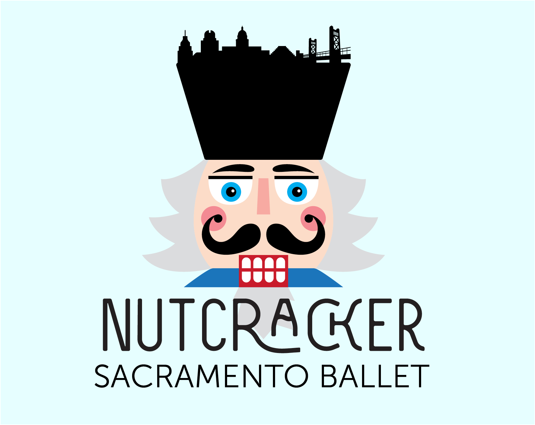 Blue background wiht a cartoon nutcracker and text reading Nutcracker Sacramento Ballet