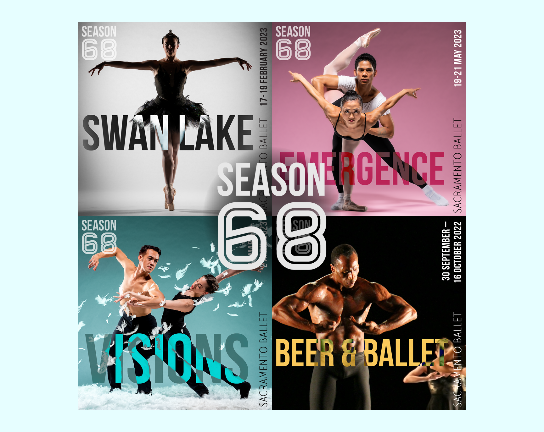 four square graphics with a picture of dancers and the name of ballets make up a grid with the season 68 logo in the middle