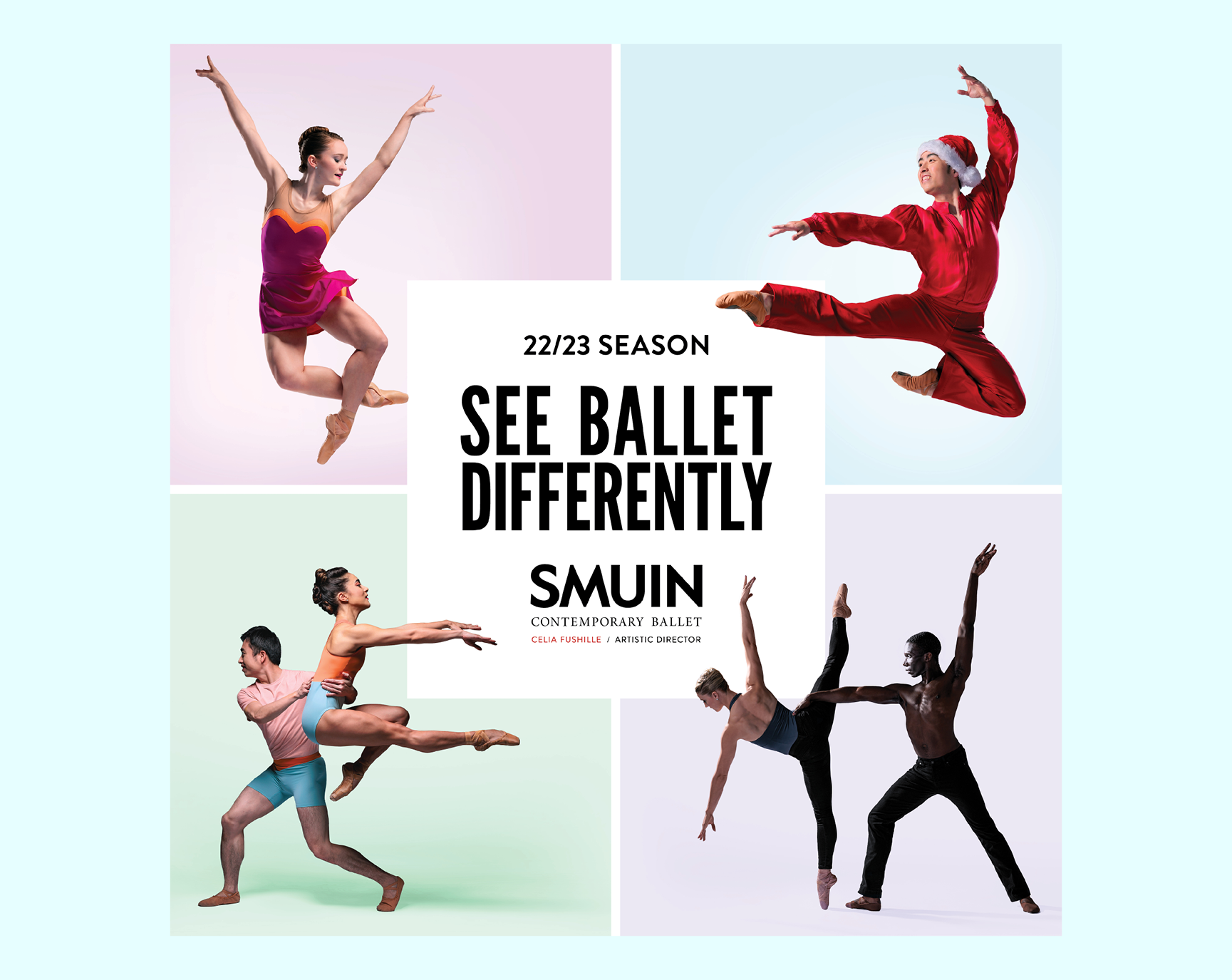 four images of dancers on different color squares with a white square in the middle and text reading 22/23 season See Ballet Differently