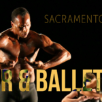 A male ballet dancer is performing on stage, shirtless and striking a dramatic pose. Two other dancers are partially visible nearby. The text reads "Sacramento Ballet - Beer & Ballet.