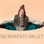 A dancer in a traditional costume performs a mid-air split against a peach background. Text reads "Season 68 Sacramento Ballet Nutcracker," accompanied by a Nutcracker graphic.